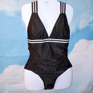 Women’s Black & White Deep V-Neck Cross Back Tummy Control Sexy Swimsuit NEW